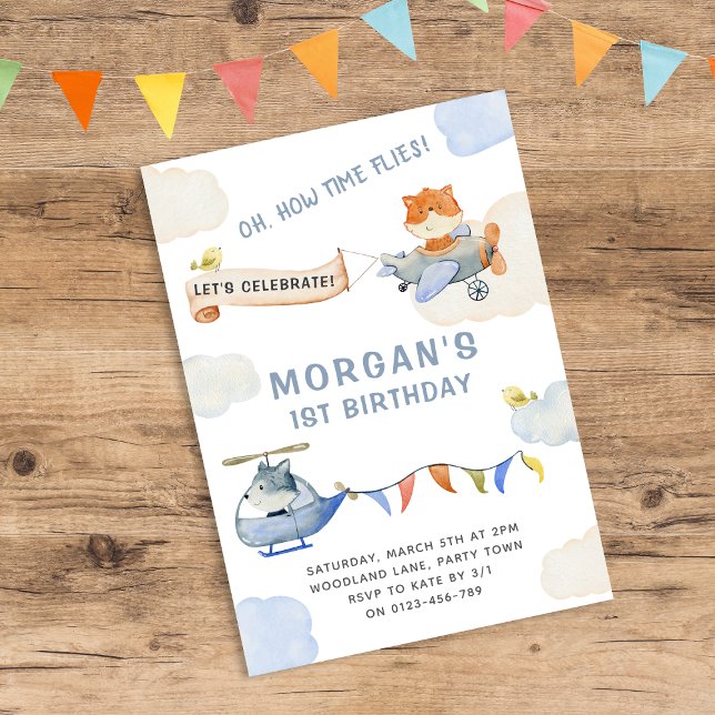How Time Flies Watercolor Plane First Birthday Invitation (Creator Uploaded)