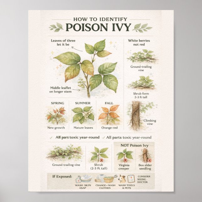 How to Identify Poison Ivy – Educational Botanical Poster (Front)