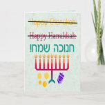 How to Spell Hanukkah Chanukah Cards<br><div class="desc">How do you spell Hanukkah,  er Chanukah,  or is it Hanukah,  anyway? Obviously the only "right" way to spell it is in Hebrew! A fun design with "Happy Hanukkah" and "Happy Chanukah" crossed out and "Chanukah Sameach!" in Hebrew,  with a chanukiah (menorah),  dreidel,  and gold gelt beneath.</div>