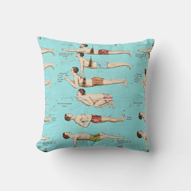 How to Swim Antique French Swimming School Throw Pillow (Front)
