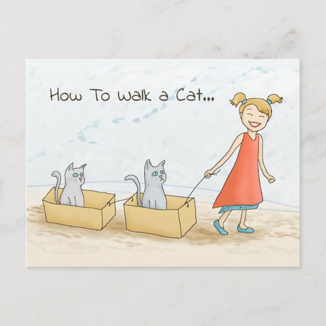 How to Walk a Cat Funny Drawing Postcard (Front)