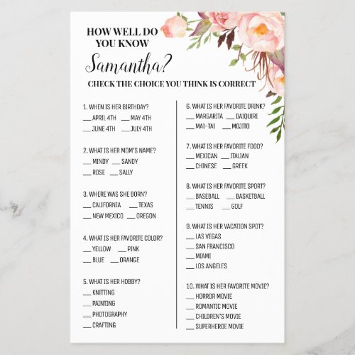 How well do you know Bride Bridal Shower Game card Flyer