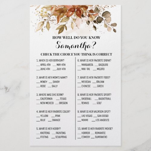 How well do you know Bride Fall Shower Game card Flyer