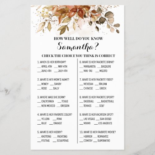 How well do you know Bride Fall Shower Game card Flyer