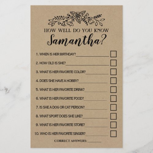 How Well Do You Know Bride Shower Rustic Game Card Flyer