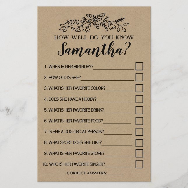 How Well Do You Know Bride Shower Rustic Game Card Flyer (Front)