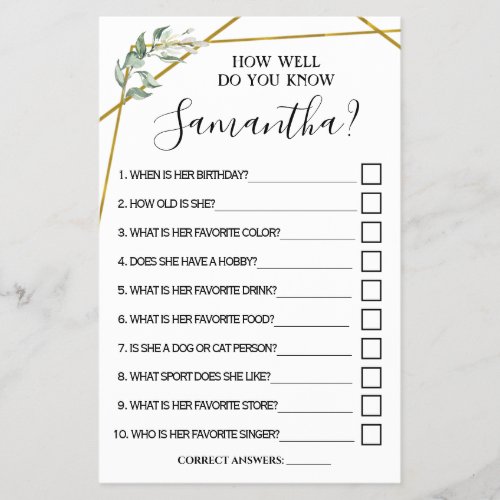 How well do you know bride to be shower game card flyer