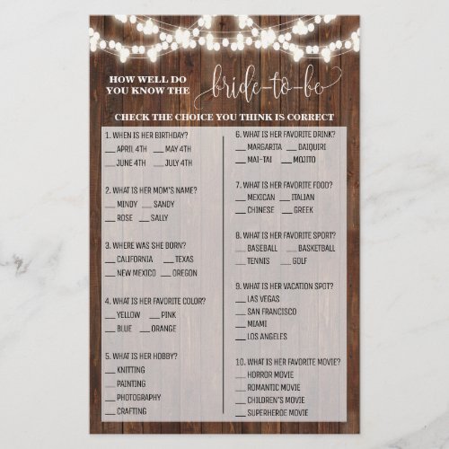 How well do you know Bride Western Shower Game Flyer