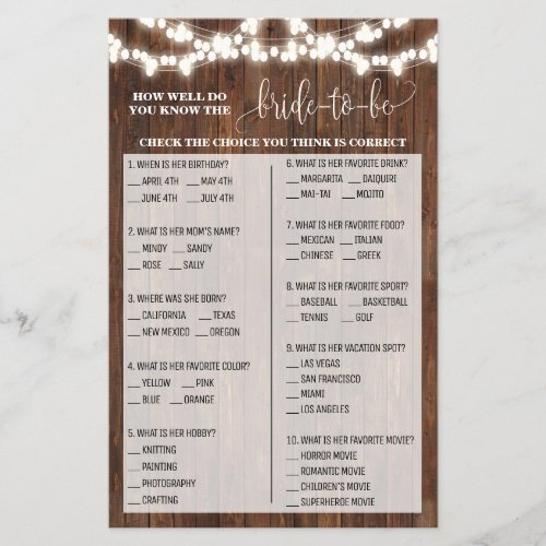 How well do you know Bride Western Shower Game Flyer