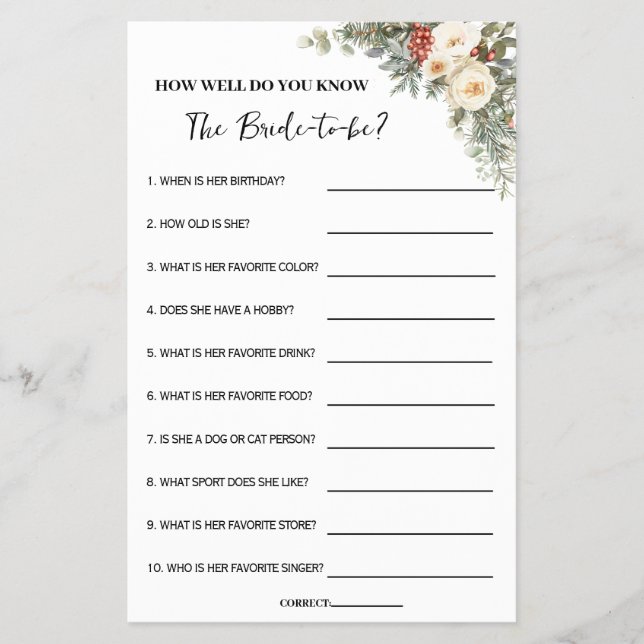 How Well Do You Know Bride Winter Shower Game Card Flyer (Front)