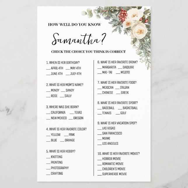 How Well Do You Know Bride Winter Shower Game Flyer (Front)