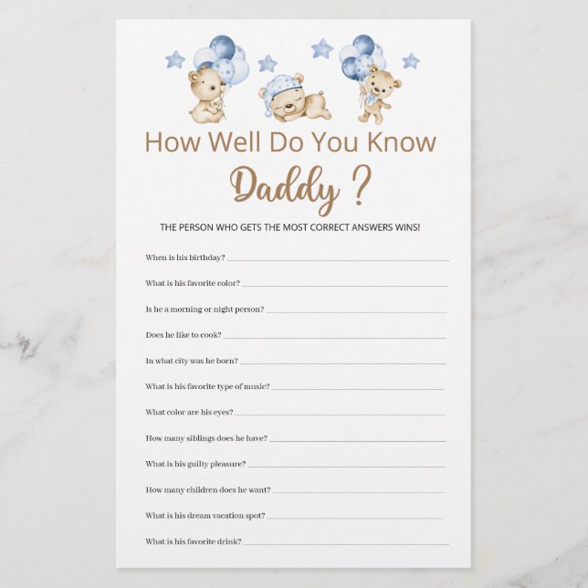How Well Do You Know Daddy Boy Baby Shower  (Front)