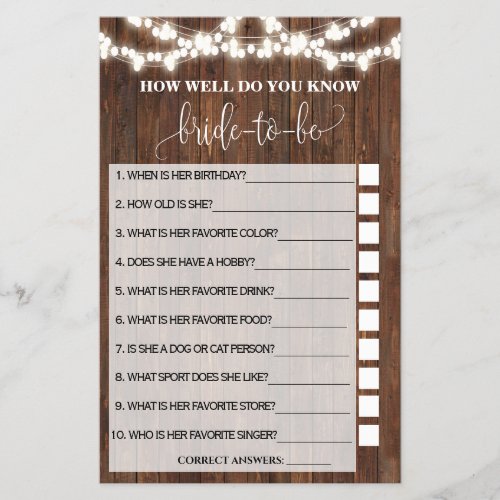 How Well Do You Know Her Western Shower Game Card Flyer