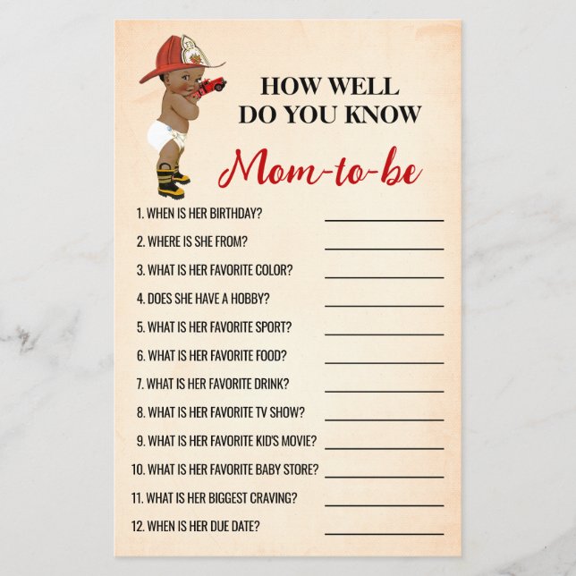 How Well Do You Know Mom AA Fireman Shower Game Flyer (Front)