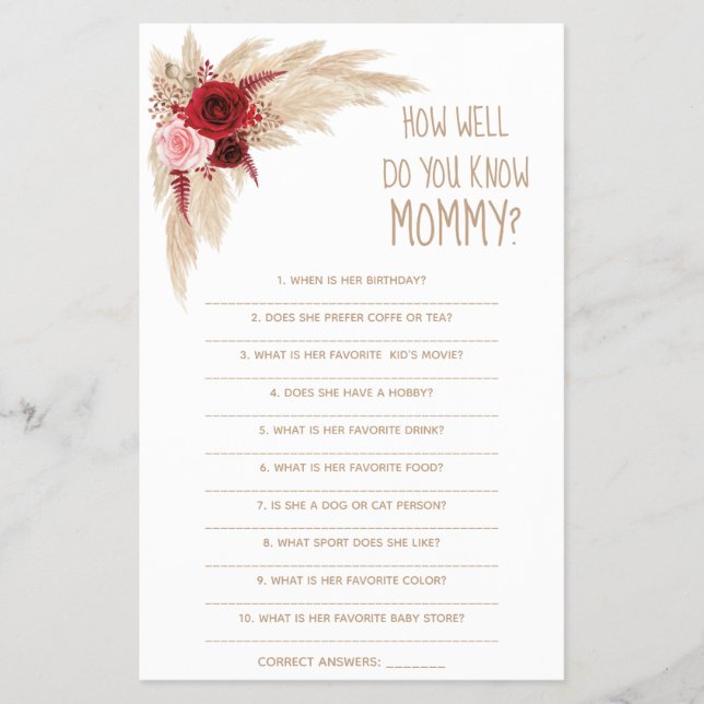  How Well Do You Know Mom Baby Shower Game Card Flyer (Front)
