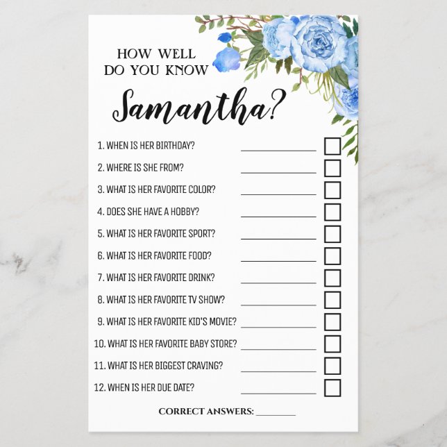 How well do you know Mom Baby Shower game card Flyer (Front)