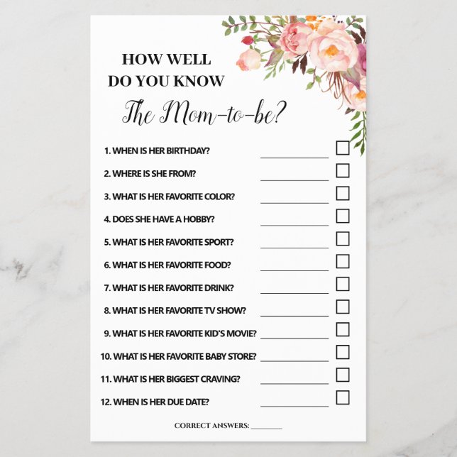 How Well Do You Know Mom Baby Shower Game Card Flyer (Front)