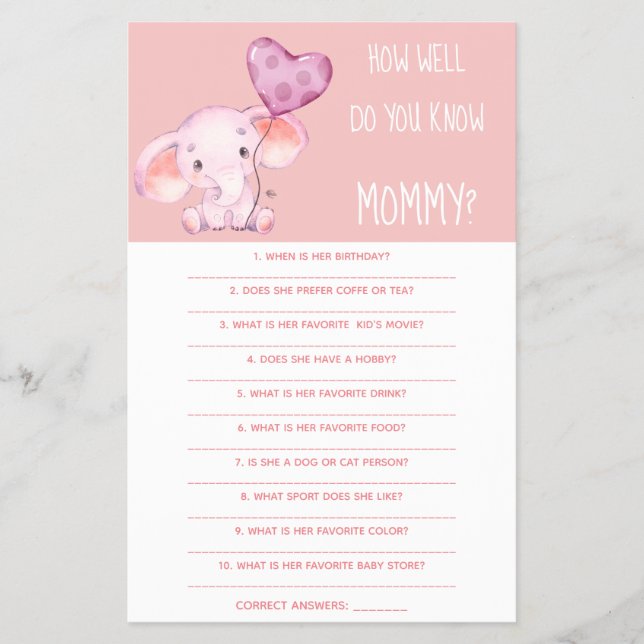  How Well Do You Know Mom Baby Shower Game Card Flyer (Front)