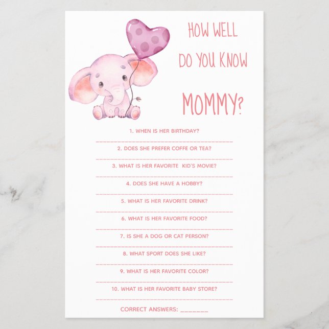  How Well Do You Know Mom Baby Shower Game Card Flyer (Front)