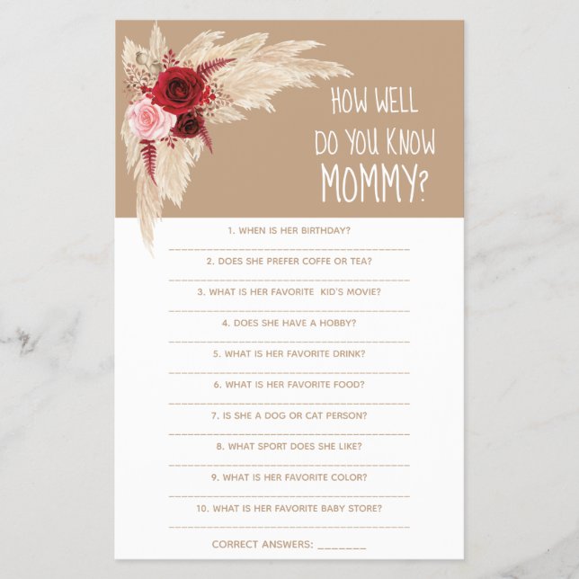  How Well Do You Know Mom Baby Shower Game Card Flyer (Front)