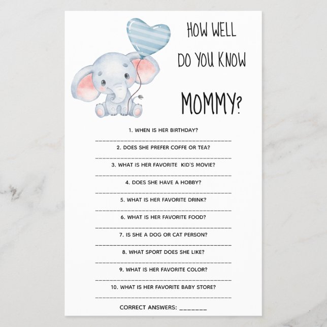  How Well Do You Know Mom Baby Shower Game Card Flyer (Front)