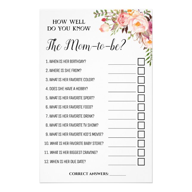 How Well Do You Know Mom Baby Shower Game Card Flyer (Front)