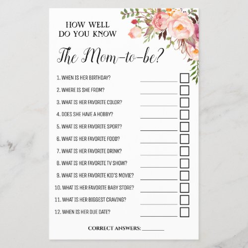 How Well Do You Know Mom Baby Shower Game Card Flyer