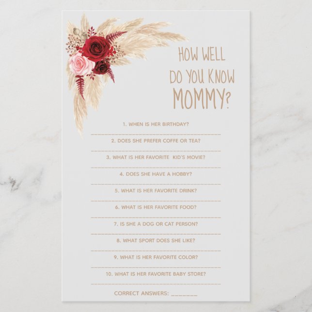  How Well Do You Know Mom Baby Shower Game Card Flyer (Front)