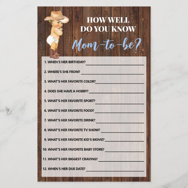How Well Do You Know Mom Cowboy Shower Game Card Flyer (Front)