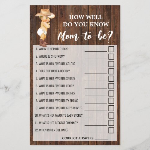 How Well Do You Know Mom Cowboy Shower Game Card Flyer