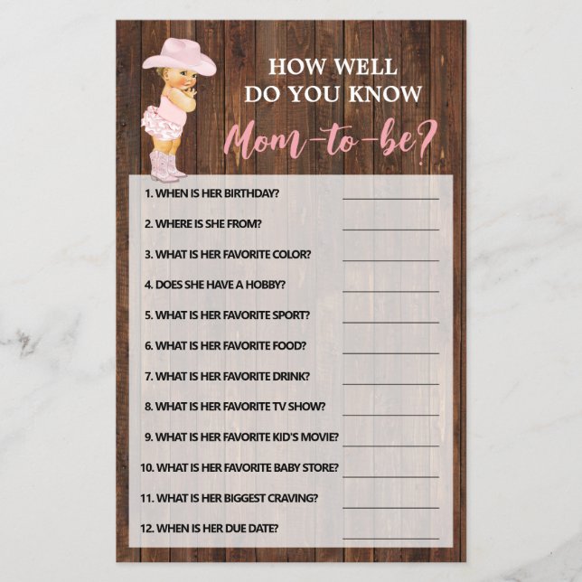 How Well Do You Know Mom Cowgirl Shower Game Card Flyer (Front)