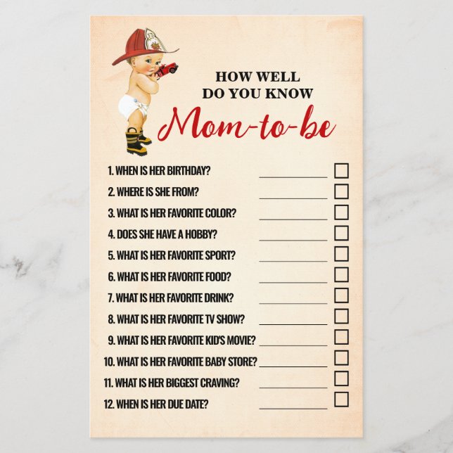 How Well Do You Know Mom Firefighter Shower Game Flyer (Front)