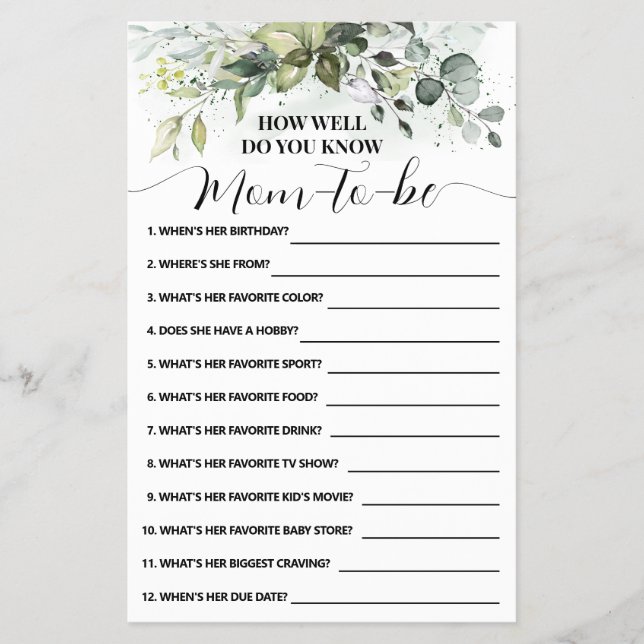 How Well Do You Know Mom Greenery Shower Game Card Flyer (Front)