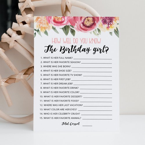 How well do you know the Birthday girl game Card
