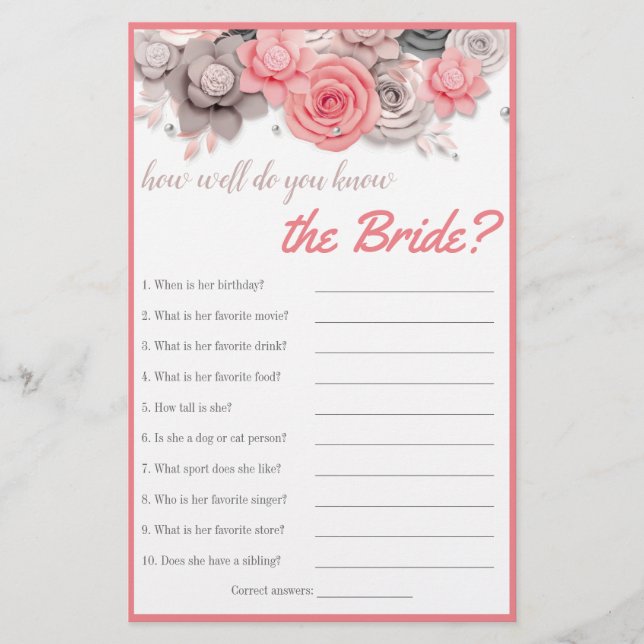 How well do you know the Bride? Bridal Shower Card Flyer (Front)
