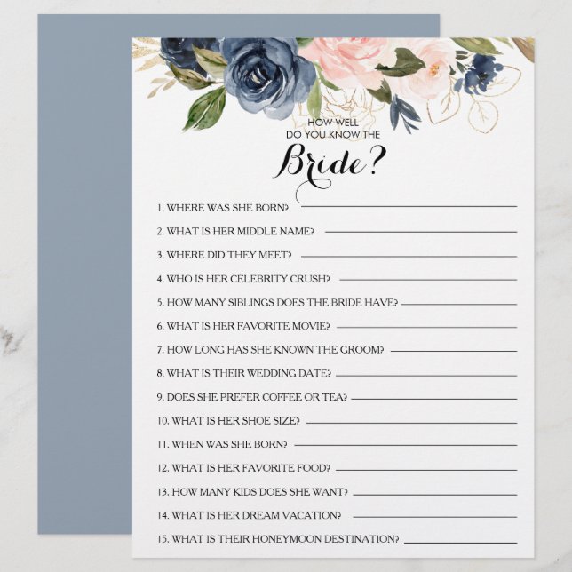 How Well Do You Know the Bride Bridal Shower Game (Front/Back)