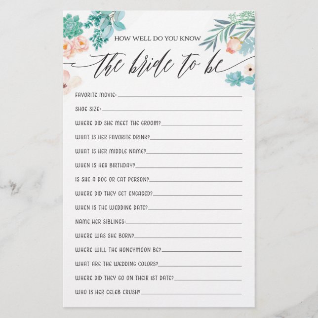 How Well Do You Know the Bride Bridal Shower Game (Front)