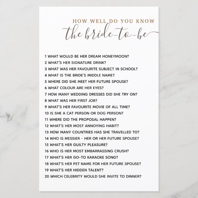 How Well Do you Know The Bride Bridal Shower Game (Front)