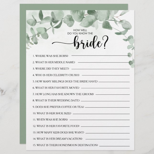 How Well Do You Know the Bride Bridal Shower Game (Front/Back)