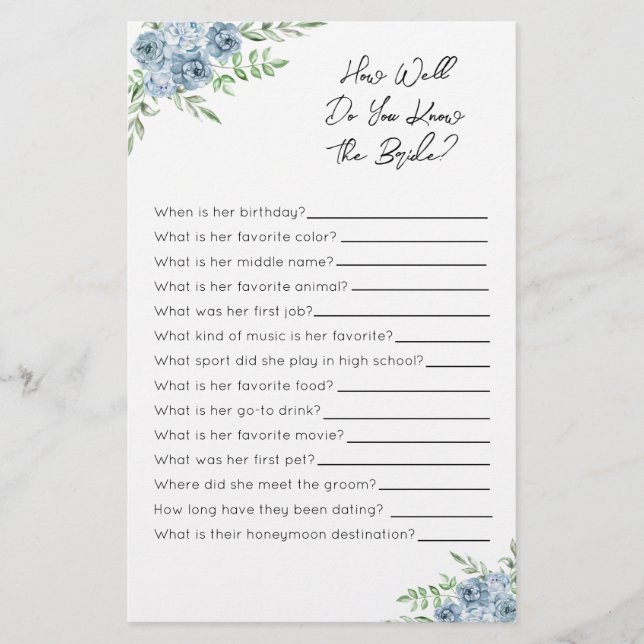 How Well Do You Know The Bride- Bridal Shower Game (Front)