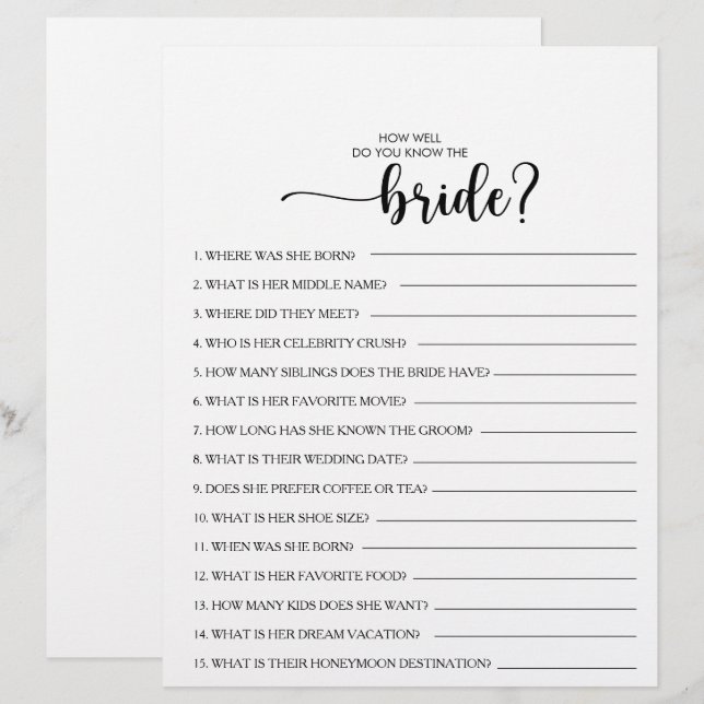 How Well Do You Know the Bride Bridal Shower Game (Front/Back)