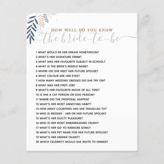 How Well Do you Know The Bride Bridal Shower Game (Front)