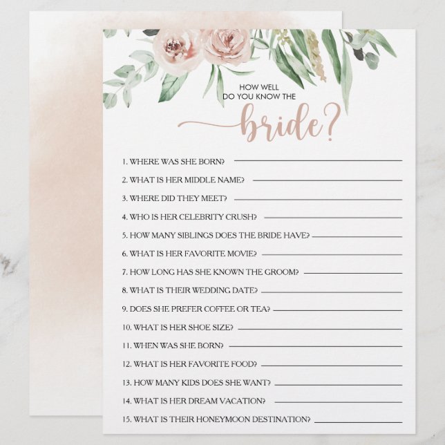 How Well Do You Know the Bride Bridal Shower Game (Front/Back)