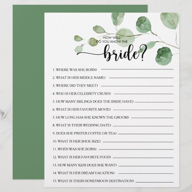 How Well Do You Know the Bride Bridal Shower Game (Front/Back)