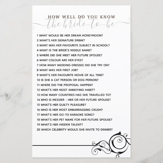 How Well Do you Know The Bride Bridal Shower Game (Front)