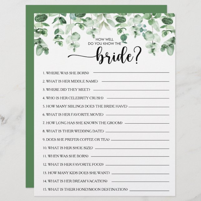 How Well Do You Know the Bride Bridal Shower Game (Front/Back)