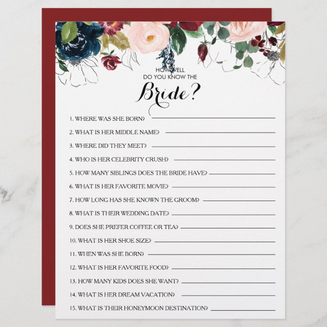 How Well Do You Know the Bride Bridal Shower Game (Front/Back)
