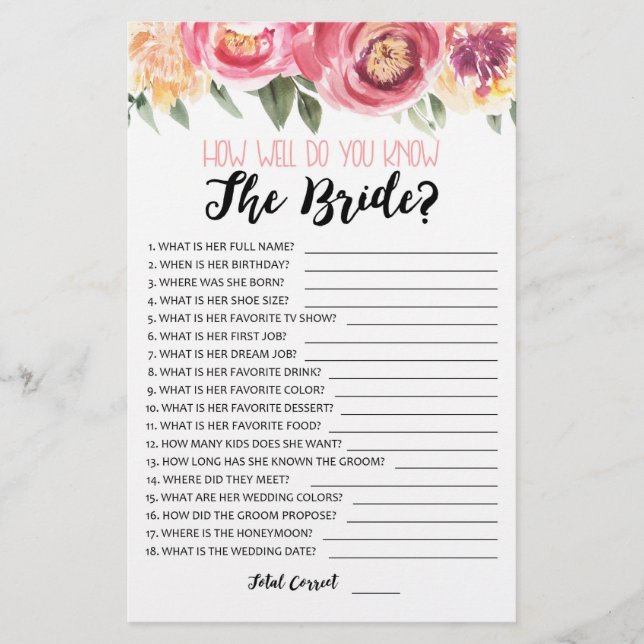 How well do you know the Bride Bridal Shower game (Front)