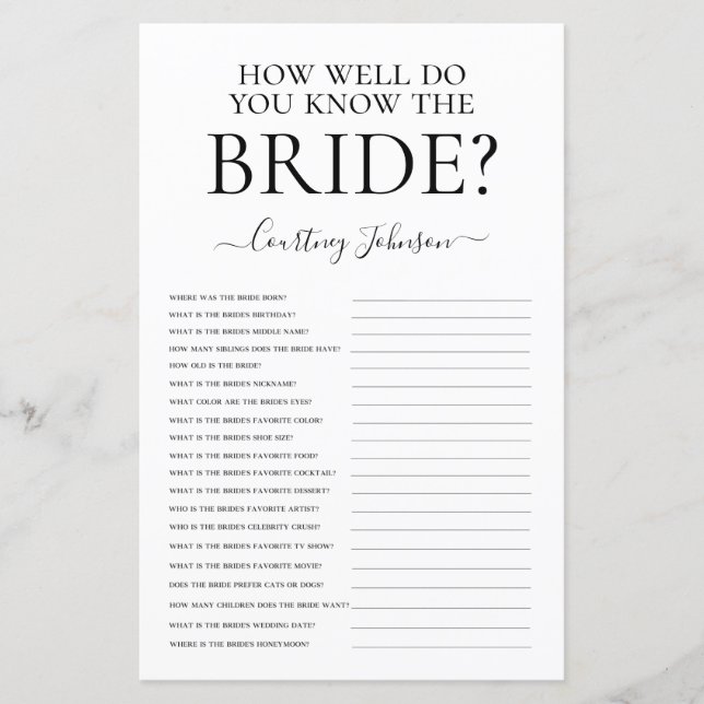 How Well Do You Know The Bride Bridal Shower Game (Front)