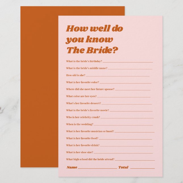 How Well Do You Know the Bride Bridal Shower Game (Front/Back)